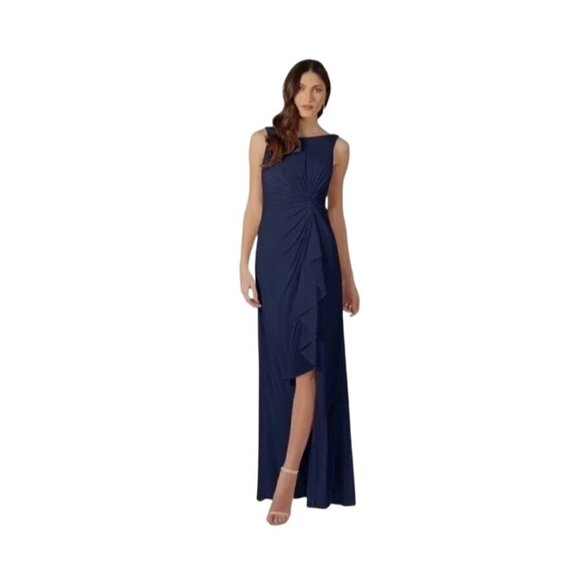 Azazie Chiara Bridesmaid Dress Size 8 NWT Dark Navy Chiffon Wrap Chiffon Ruffle - Picture 1 of 12